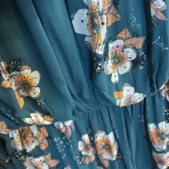 Free People Teal Floral Tuscan Dreams tunic mini dress / tunic top long sleeve M - Picture 9 of 16